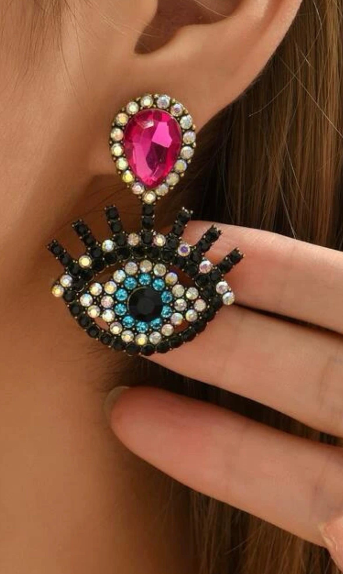 Evil Eye Rhinestone Earrings (Pink)