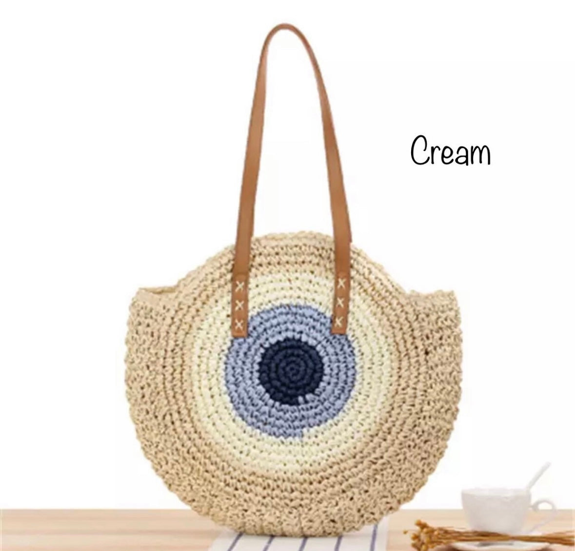 Evil Eye Shoulder Beach Bag (Cream Color)