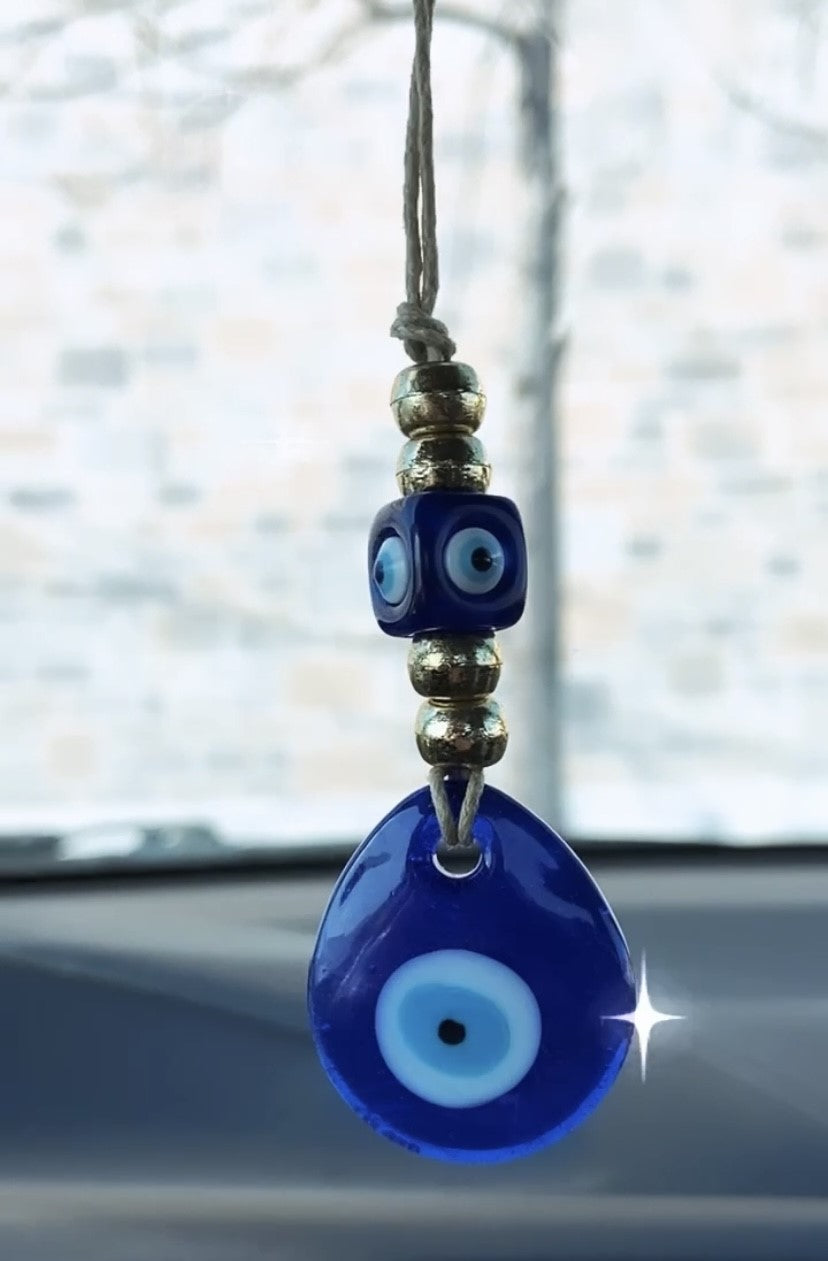 Gold Beaded Evil Eye Car Charm