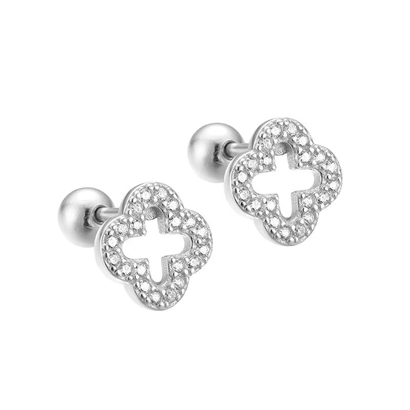 Clover 925 Sterling Silver Stud Earrings (Silver)