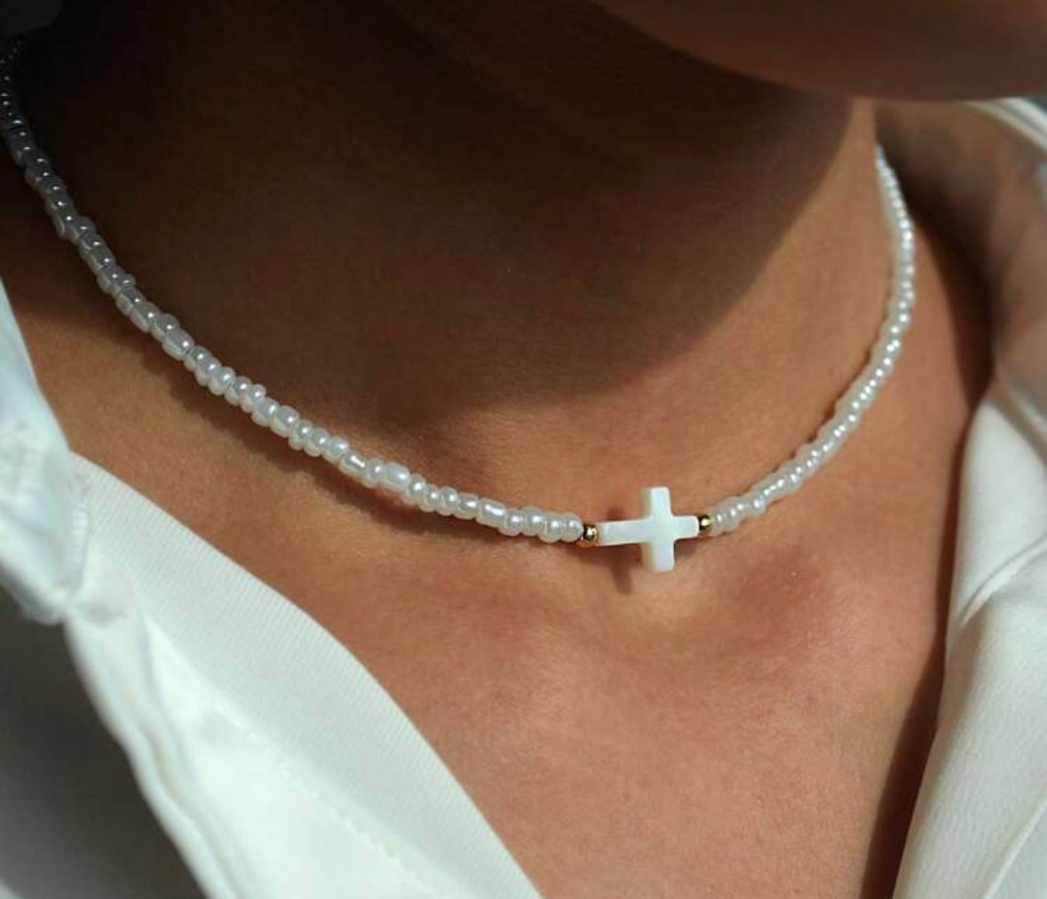 Cross Seed Bead Choker Necklace
