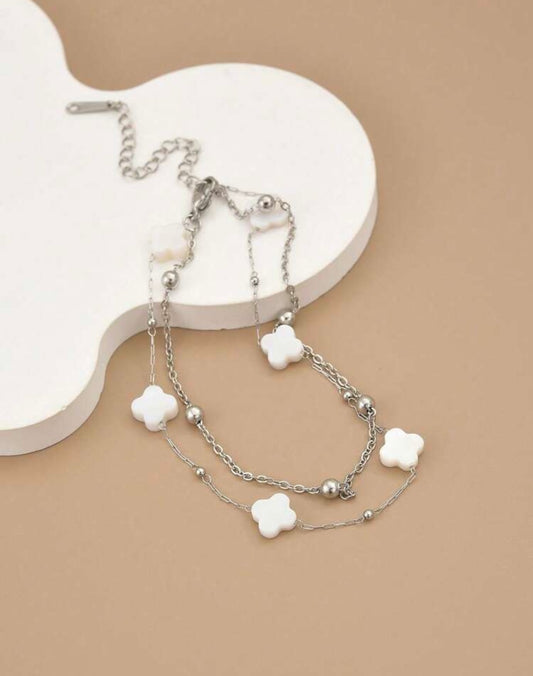 Double Layer Clover Anklet (Silver Color)