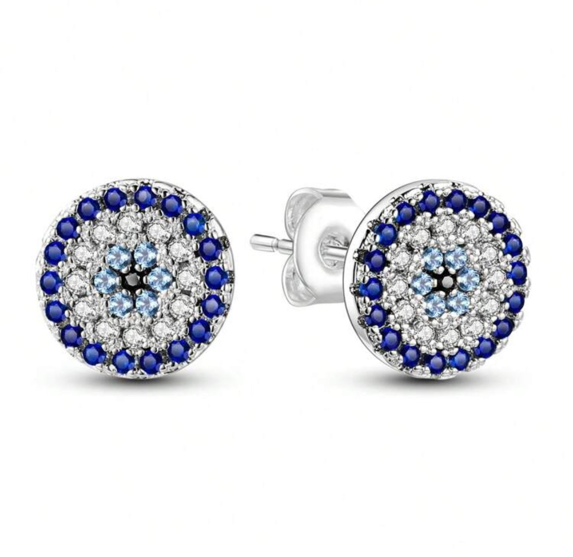 Rhinestone Evil Eye Stud Earrings (Silver)