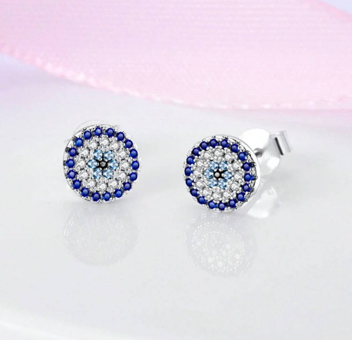 Rhinestone Evil Eye Stud Earrings (Silver)