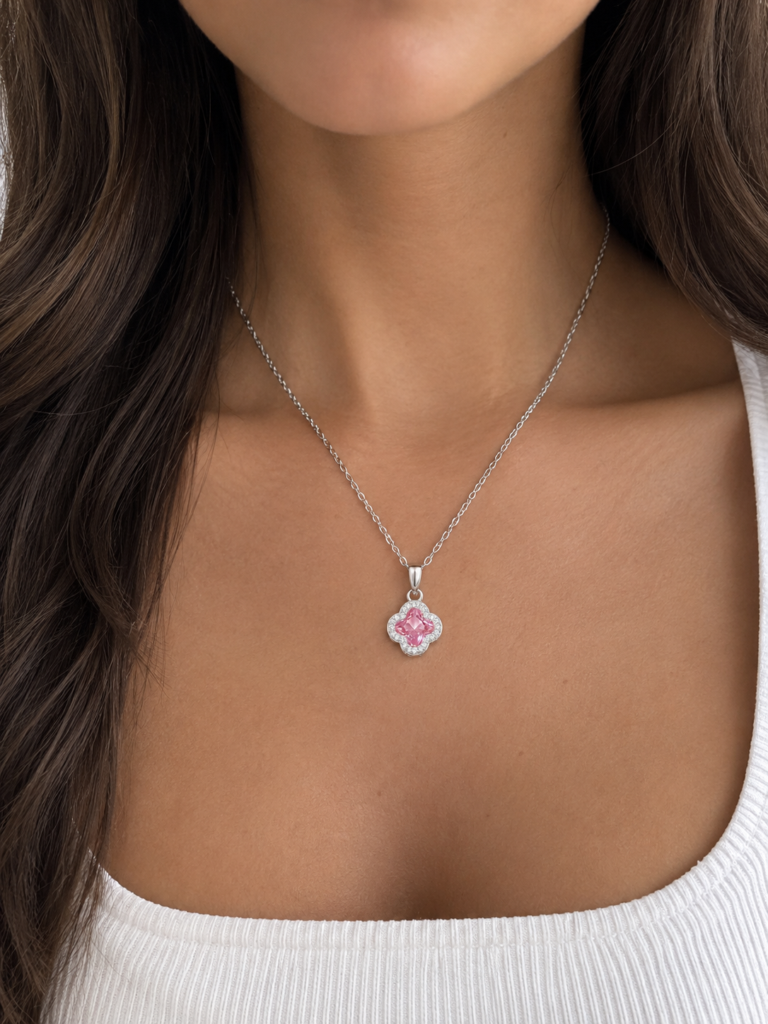 Pink Clover Necklace (Silver)